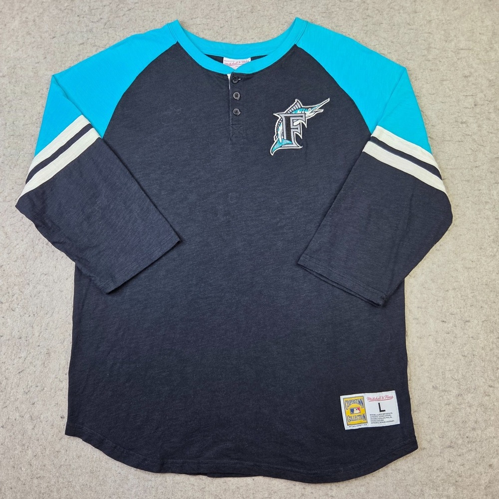 Mitchell Ness Florida Marlins Henley Baseball Shirt Mens L Black Blue Pullover